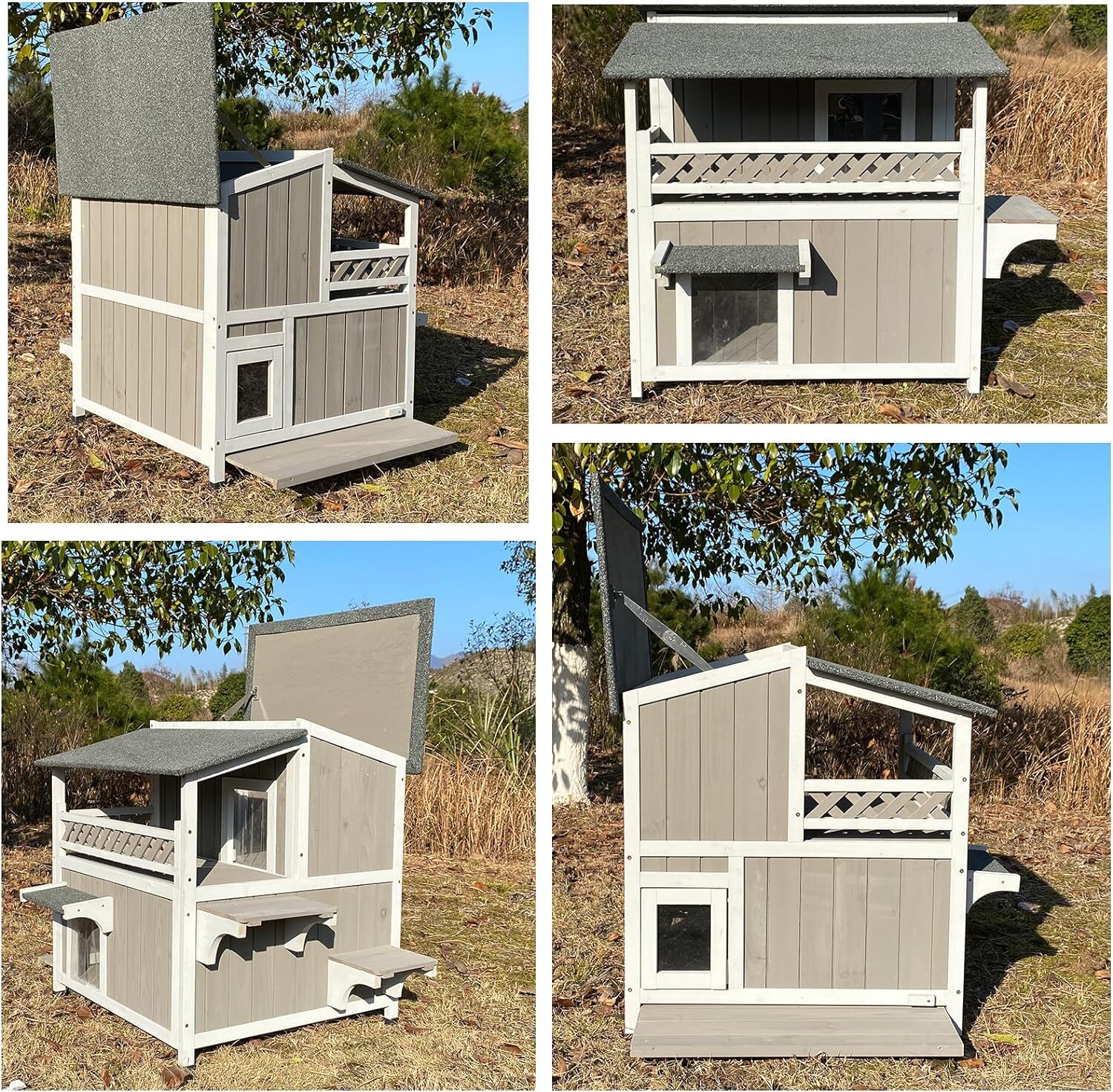 Two Story Cat House Outdoor Wooden Feral Cat Shelter with Balcony & Escape Door