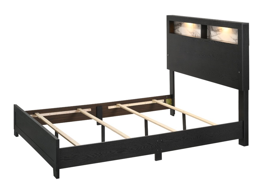 Modern Black & White Marble 1pc Queen Size Panel Bed LED Backlight Headboard