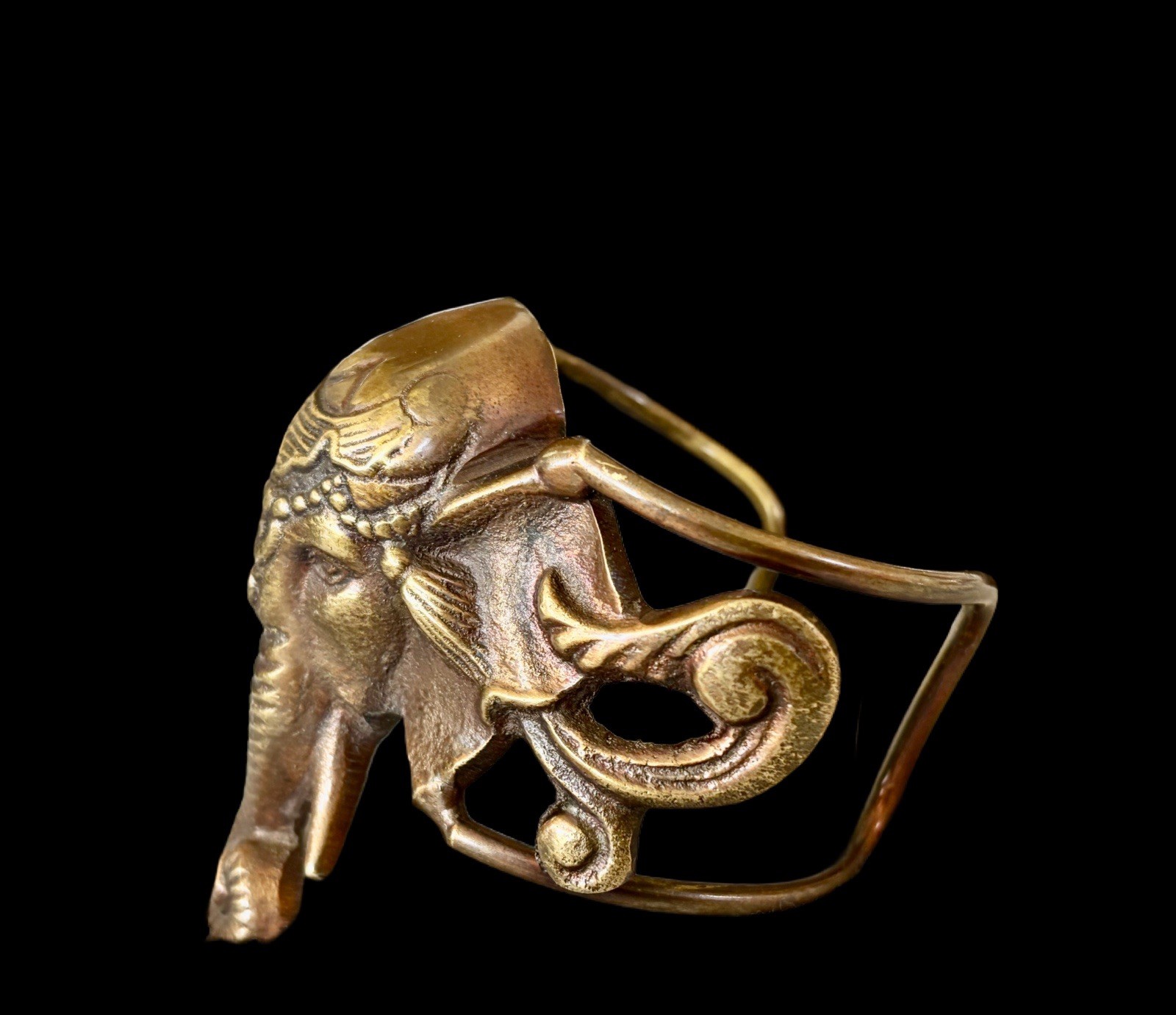 Large Figural Vintage Brass Elephant Head Cuff Bracelet~Boho 1970s