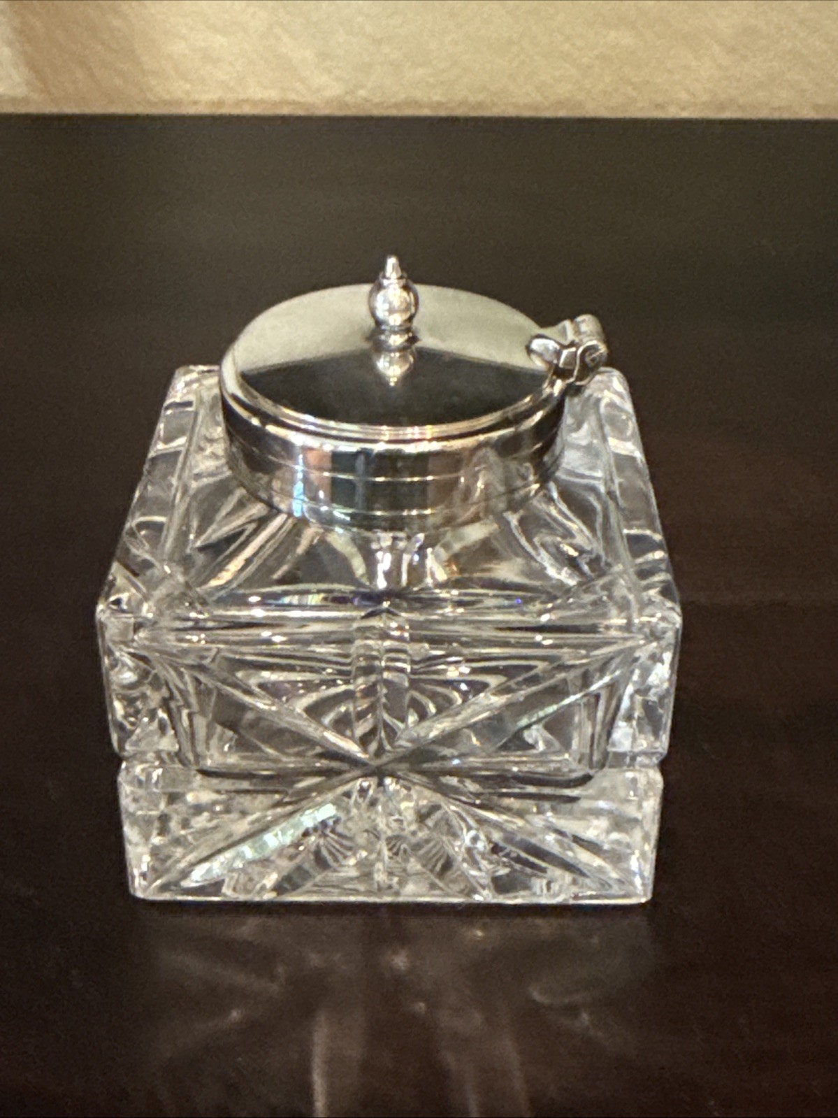 ENGLISH Cut CRYSTAL Inkwell With STERLING SILVER Collar And Lid by R&S Ltd