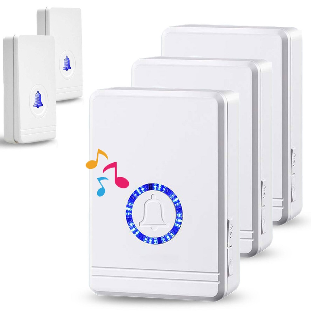 Wireless Doorbell Kit Waterproof 2 Push Button Transmitter 3 Receiver Plug Wihte