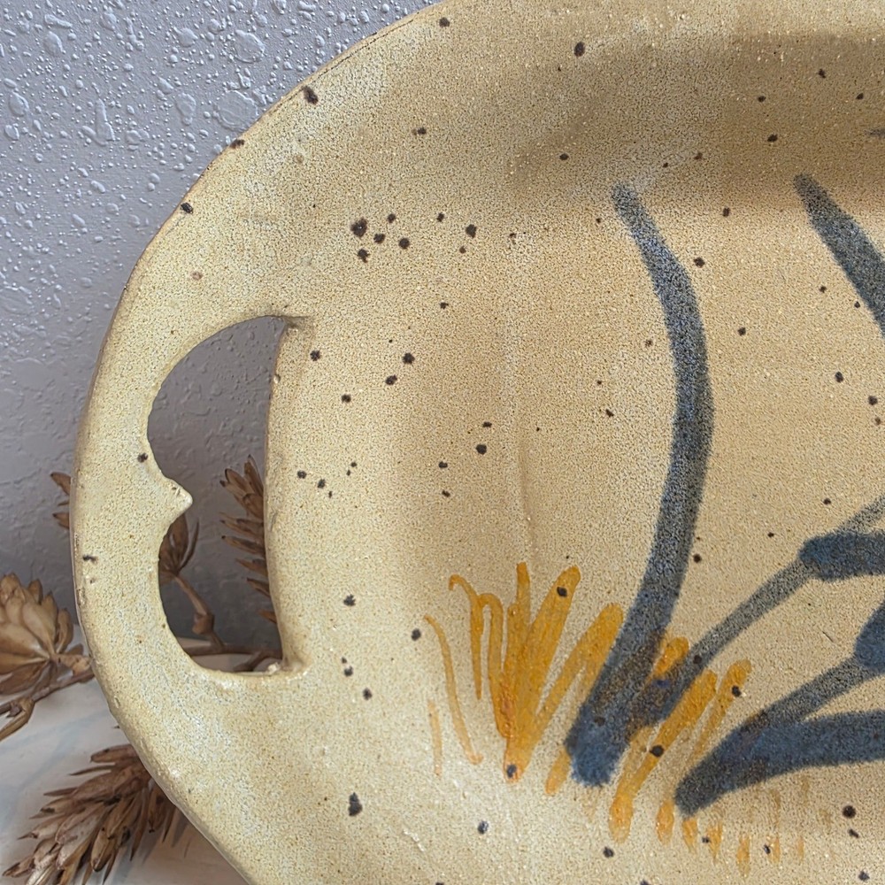 Vintage Signed Studio Pottery Speckled Stoneware Serving Tray Botanical Pattern