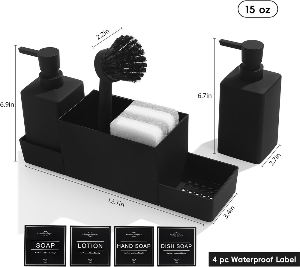 Rust-Proof Kitchen Soap Dispenser with Sponge Holder - Modern Matte Black Look