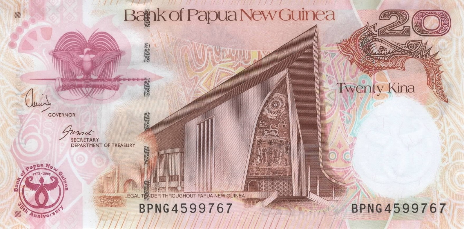 Papua New Guinea 20 Kina Banknote P-36 2008 Commemorative Uncirculated Currency