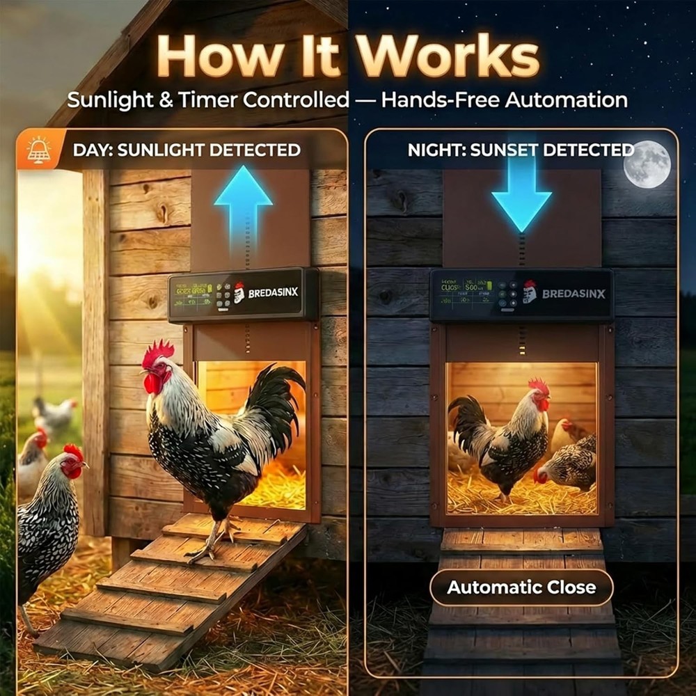 Automatic Chicken Coop Door Solar Powered with HD Screen, Timer & Light Sensor,