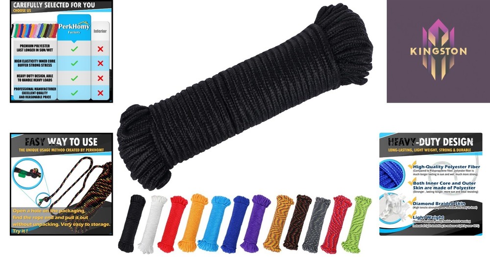 Durable 90 ft 1/4" Polyester Utility Rope - Diamond Braid for Enhanced Handling