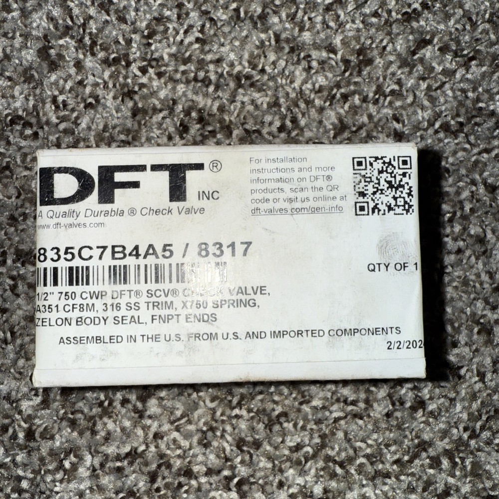 DFT 8317- 54, 835C7B4A5, 1/2"NPT, Threaded Check Valve