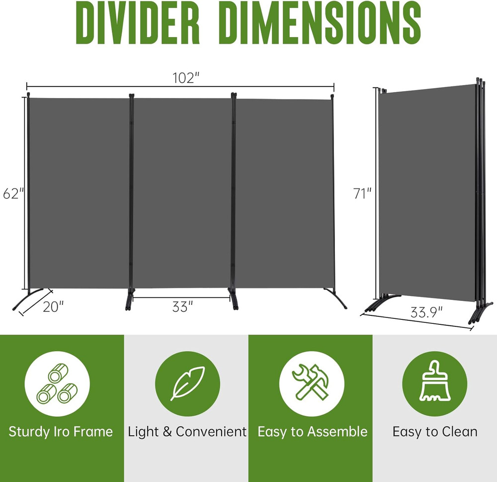 3 Panel Indoor Room Divider Folding Privacy Screen Portable Office Divider Grey