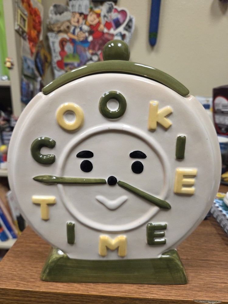 Ceramic Clock-Shaped Cookie Jar Face Pattern White Green Yellow Black