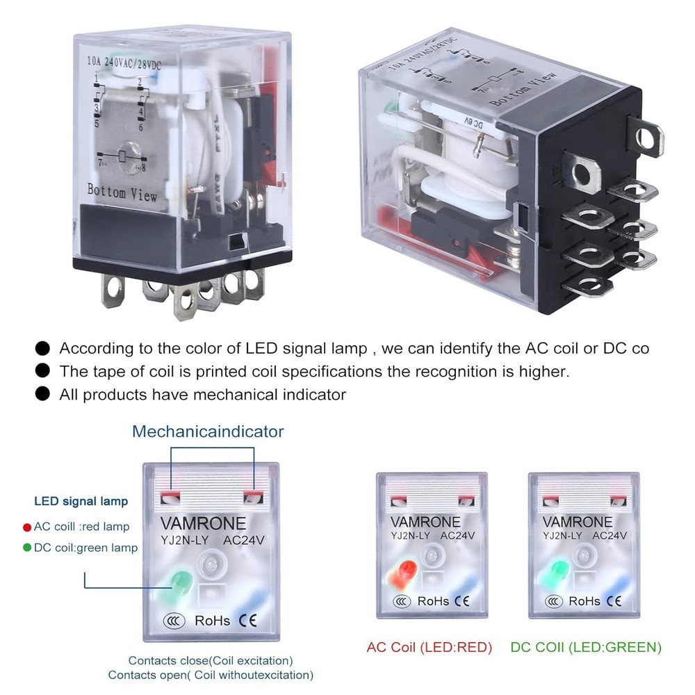 Reliable 10AMP Electromagnetic Relay, 24VAC with Socket Base & LED - 2PCS