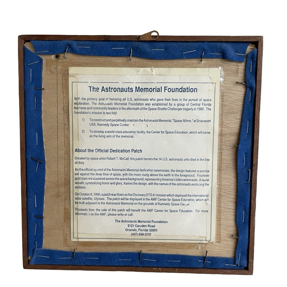 Framed Astronauts Memorial Foundation Official Dedication Patch NASA 8” Square