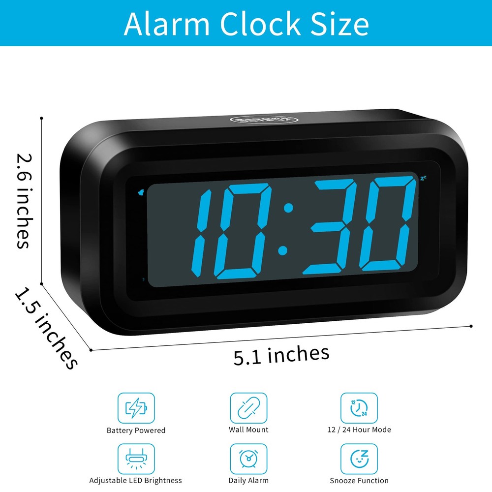 Alarm Clock, Digital Clock, Constantly 1.2'' LED Blue Digits Display, Battery Po