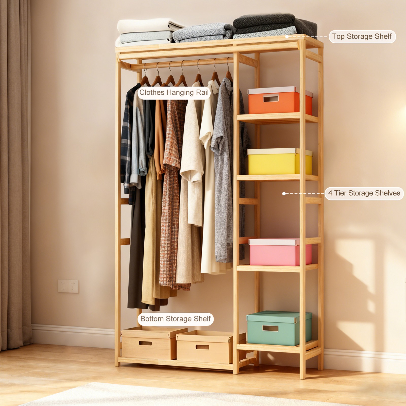 Extra Large Garment Rack Solid Bamboo Clothes Wardrobe Clothing Organizer Shelve