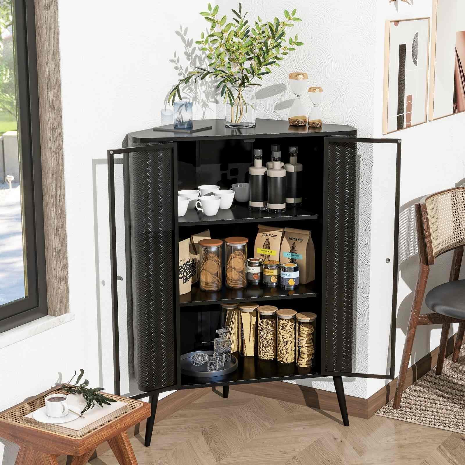 Modern Corner Storage Cabinet with Glass Doors and 3 Shelves, Metal Frame