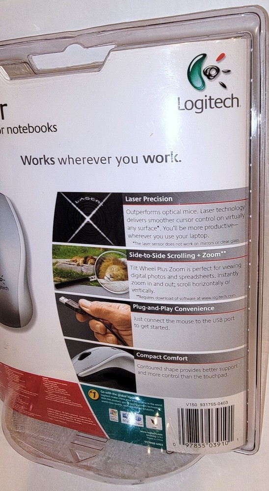 (New Sealed) LOGITECH V150 Laser Mouse Notebook 3 Button Scroll Wheel USB PC MAC