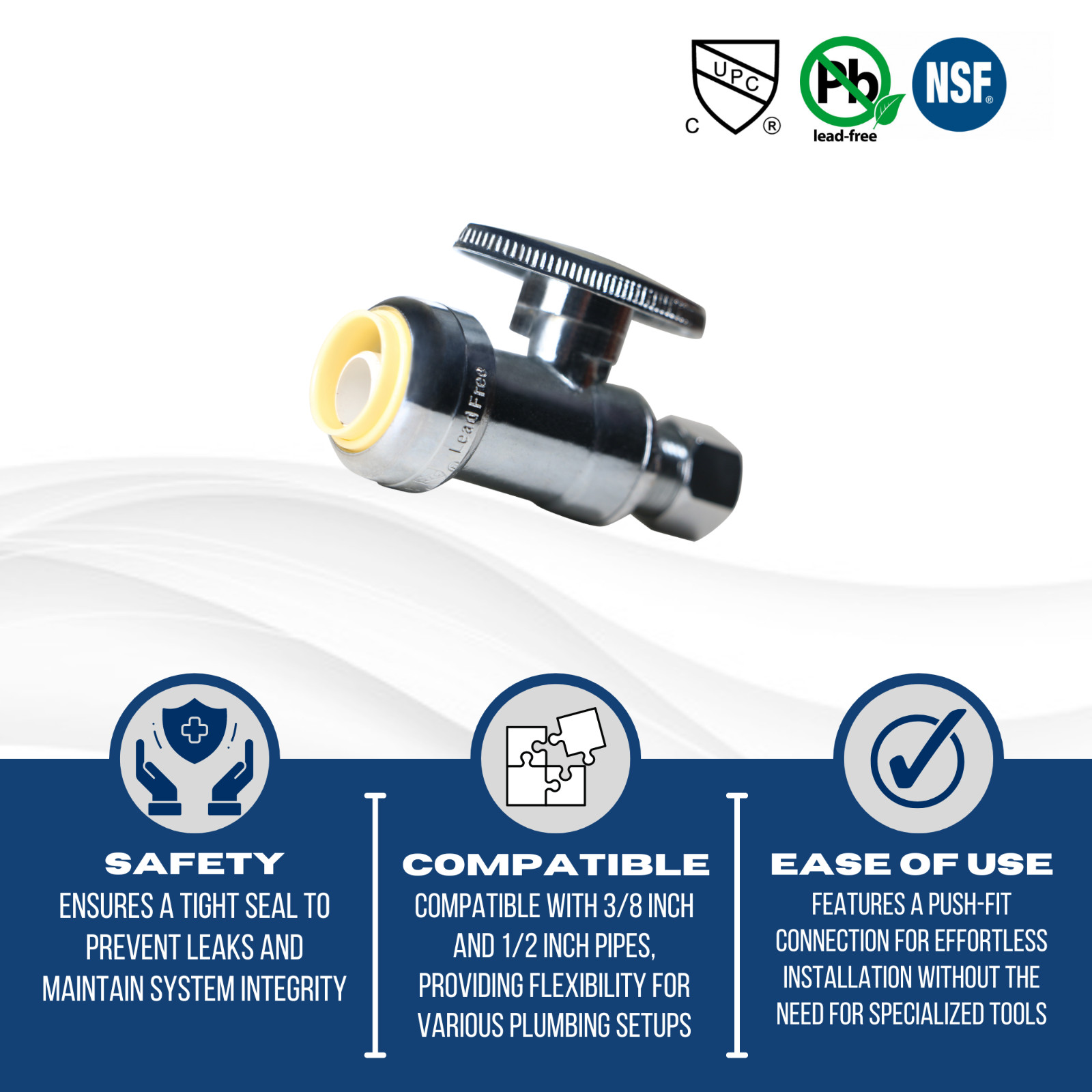 10 PCS. 1/2" PUSH FIT X 3/8" OD STRAIGHT STOP VALVE, 1/4 TURN