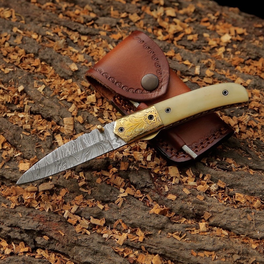 Custom Handmade Folding Blade Knife (Camel Bone Handle)