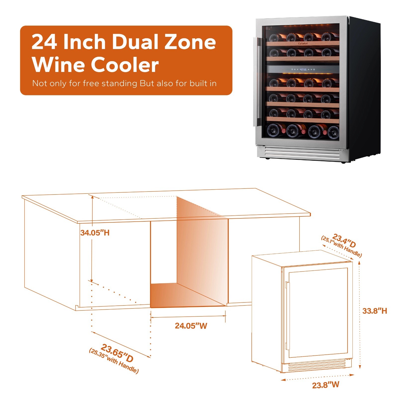 Ca'lefort 24" Wine Cooler Refrigerator 46 Bottles Dual Zone 40-65°F 3 LED Lights