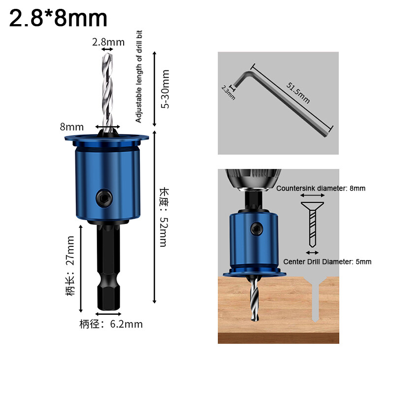 Countersink Drill Bit Woodworking Tool 6.2mm Shank Hex Shank Adjustable Depth