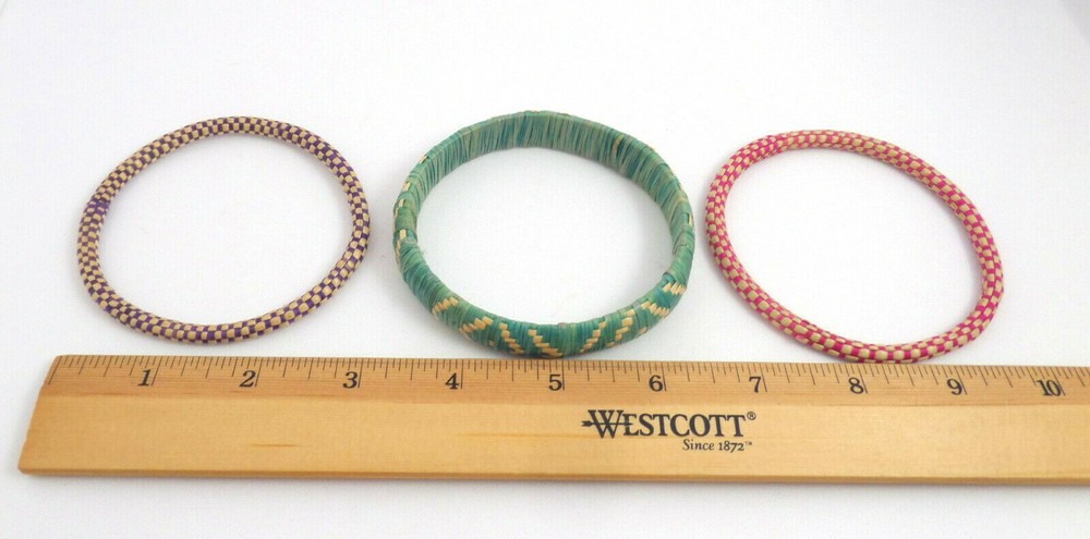 3 VTG Handmade Straw Weave Bangle Bracelets Multi Colored Native Design
