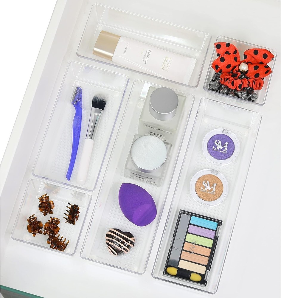 Elegant Clear Drawer Organizer Set - 6 Pack Assorted Sizes for Versatile Storage