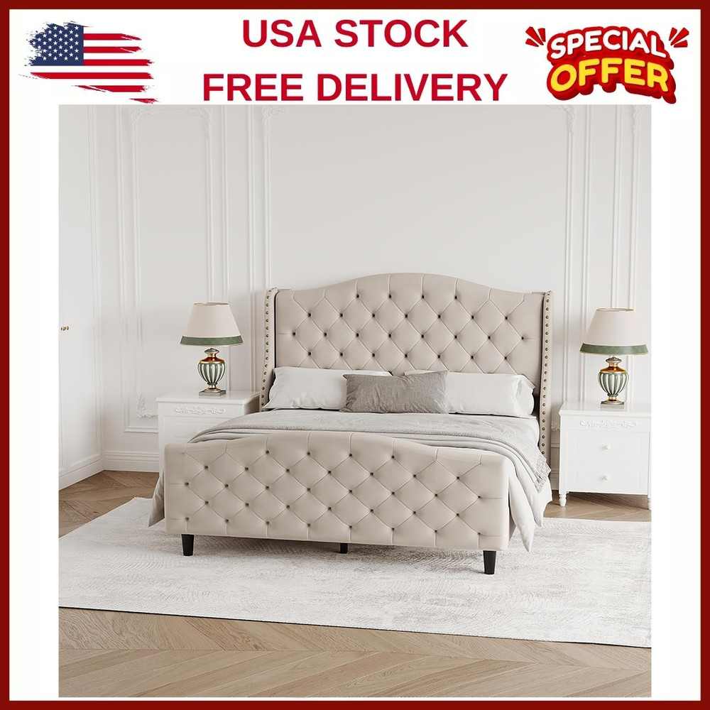 ⭐Bed Frame,Upholstered Bed Frame w/Headboard & Footboard, Modern Button Tufted