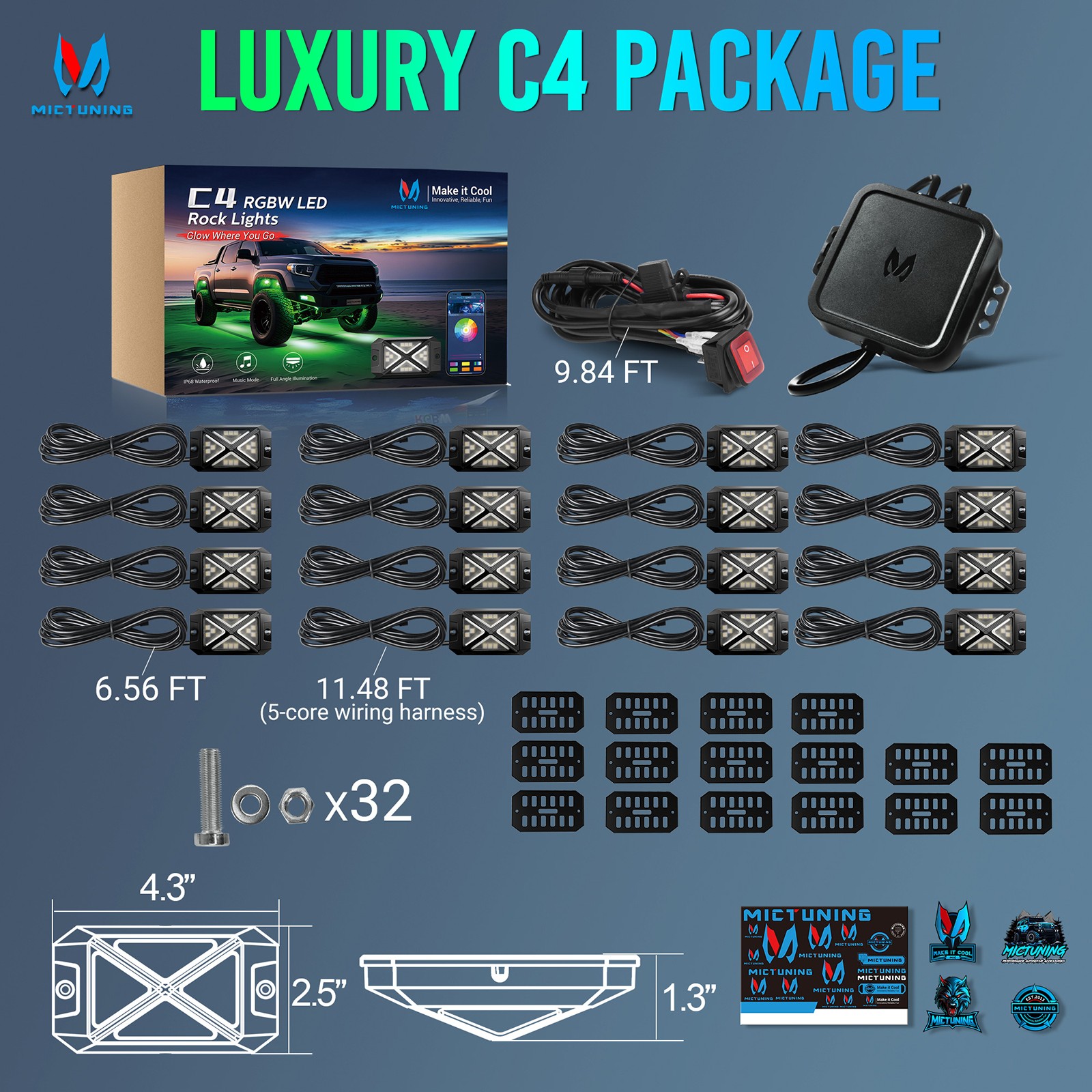 C4 16 Pods RGBW LED Rock Lights - 360º Bright Underglow Neon Accent Lighting Kit