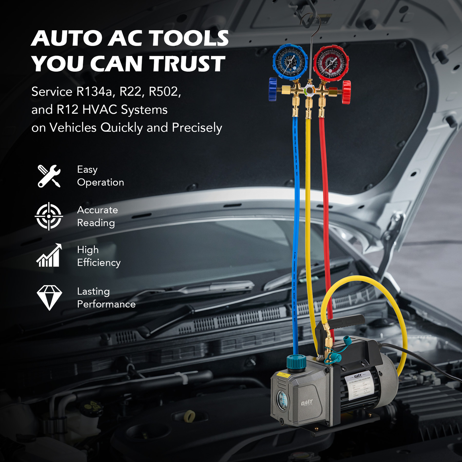 3.5cfm AC Vacuum Pump with Gauge Set for R12 R22 R134a R502 Recharge Evacuation