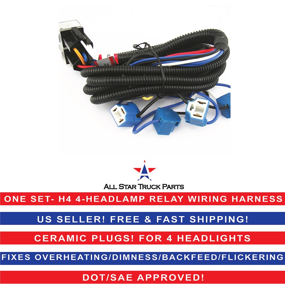 4-Headlight Relay Wiring Harness H4 Headlamp Light Bulb Ceramic Socket Plugs Set