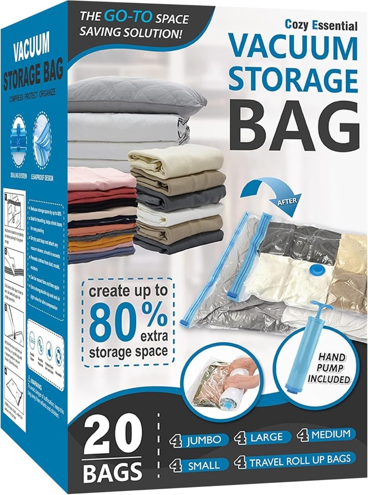 Effortless Space-Saving: 20 Pack Vacuum Storage Bags with Various Sizes & Pump