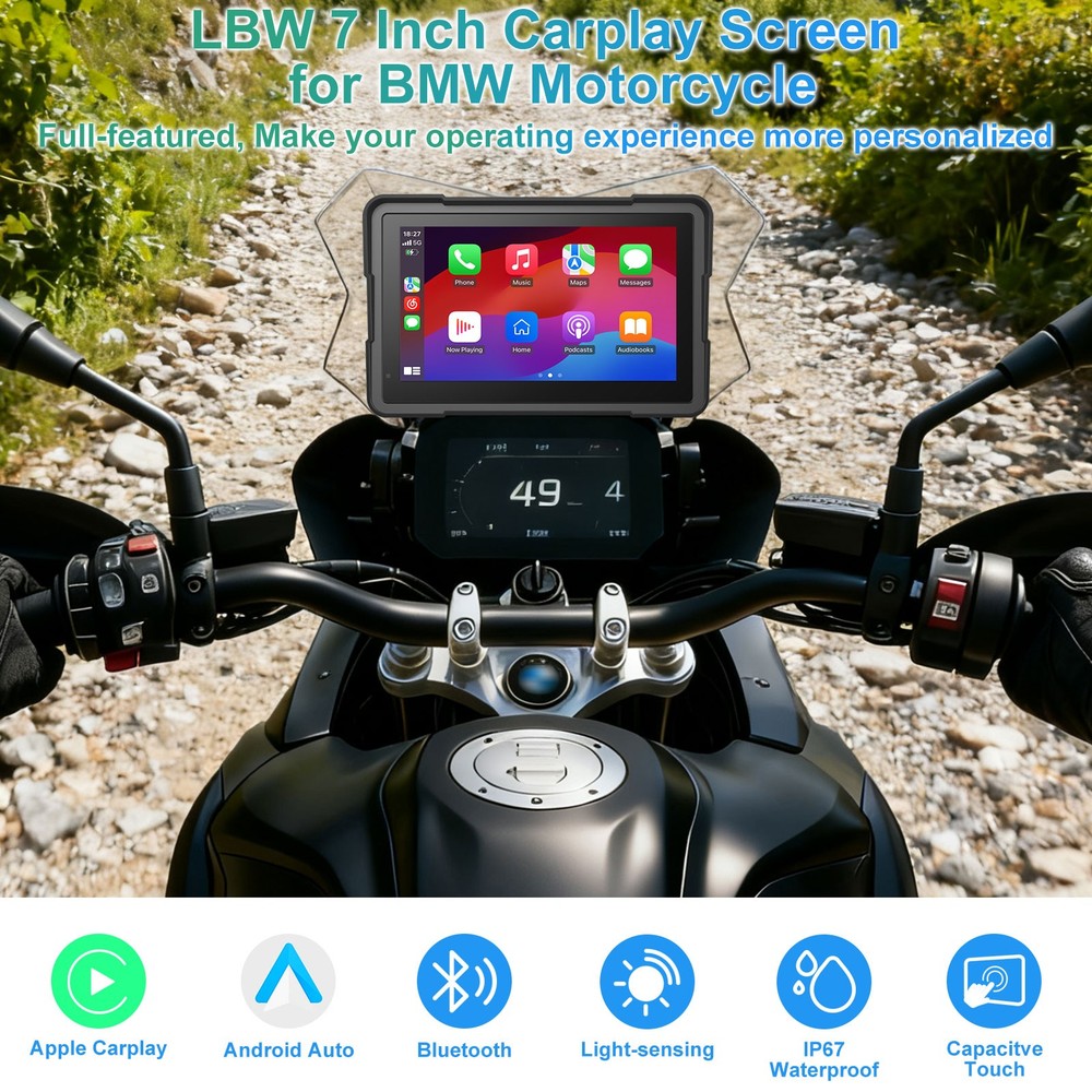 for BMW Motorcycle CarPlay & Android Auto Dual Bluetooth, 7" Waterproof Screen
