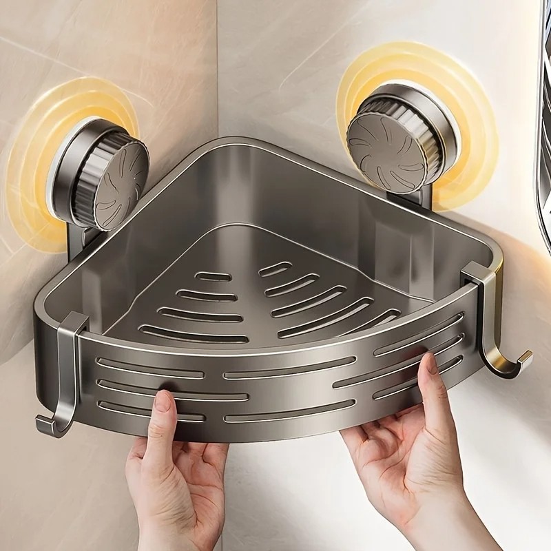 Corner Shower Shelf with Suction Cup – No Drill Bathroom Storage Rack with Hooks