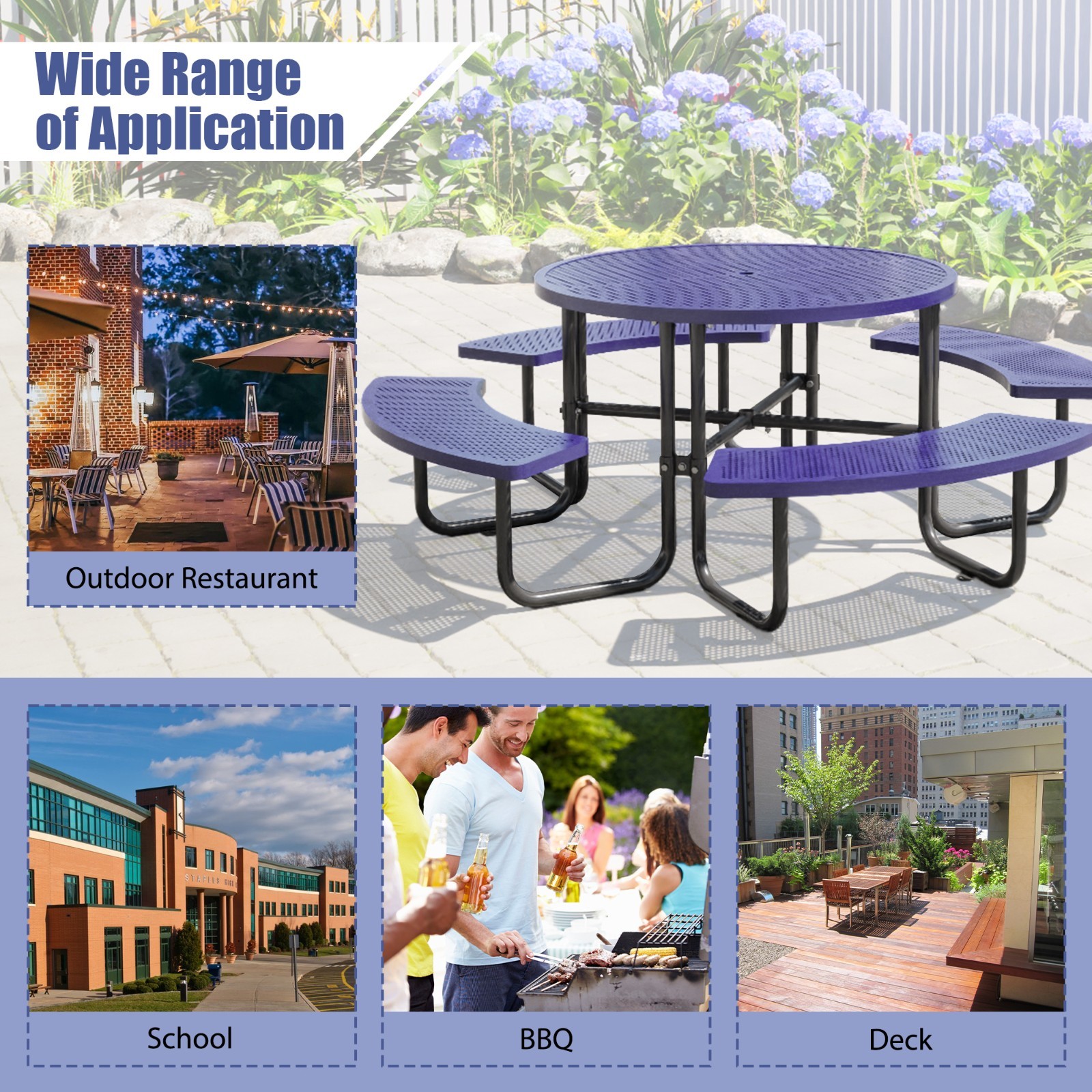 8 Seater Round Garden Picnic Table Set with Parasol Hole & 4 Benches