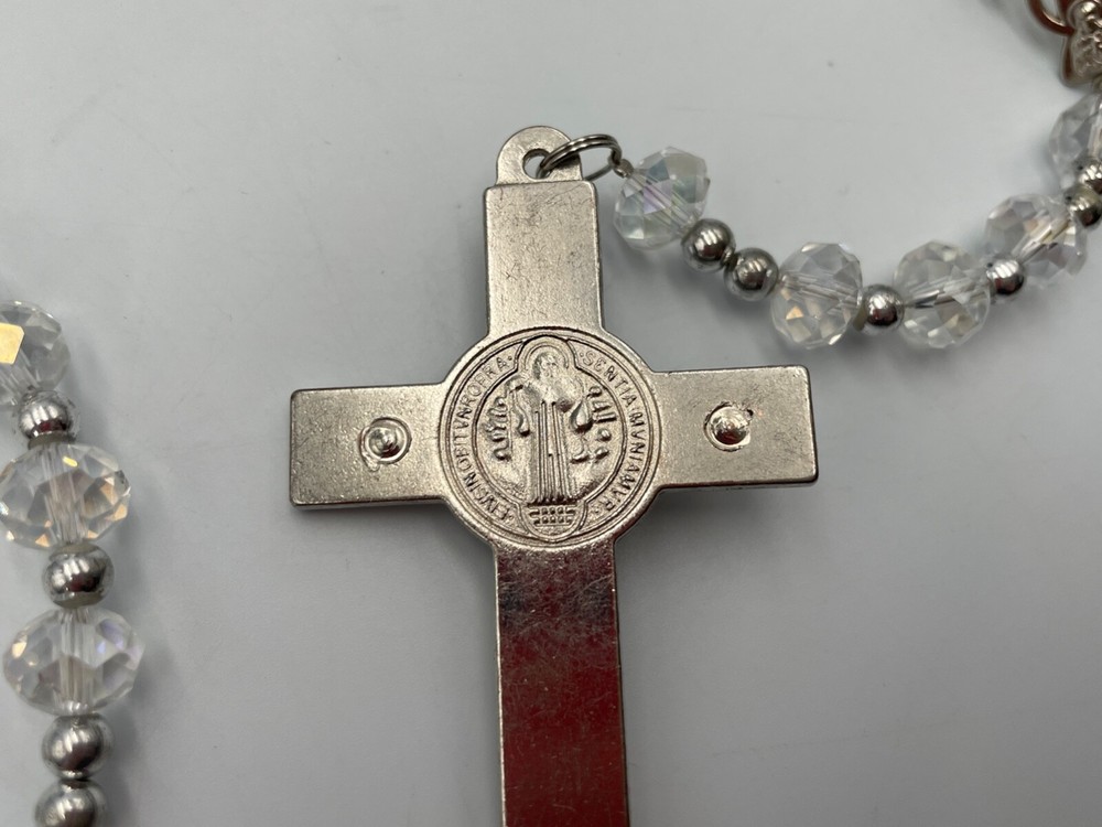 Religious Cross Rosary Crystal Silvertone 23” Heavyweight Wall Art