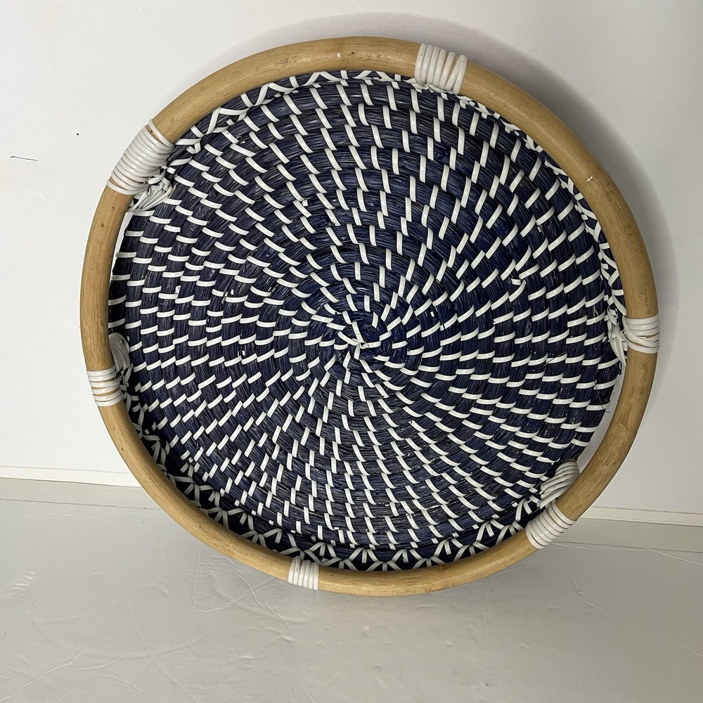 Round Navy White Wicker Serving Tray Cut Out Handles 13.5”