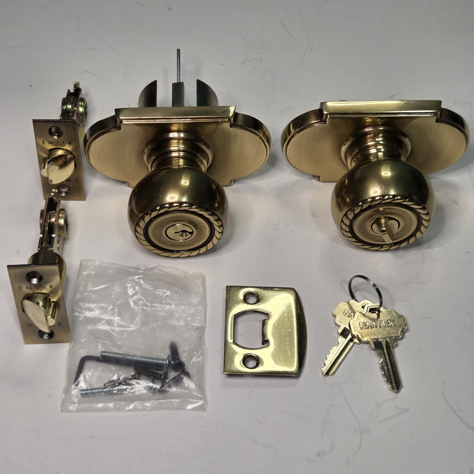 Emtek Rope Entry Door Knob 5108RKUS7 Polished Brass Keyed Lockset w Keys