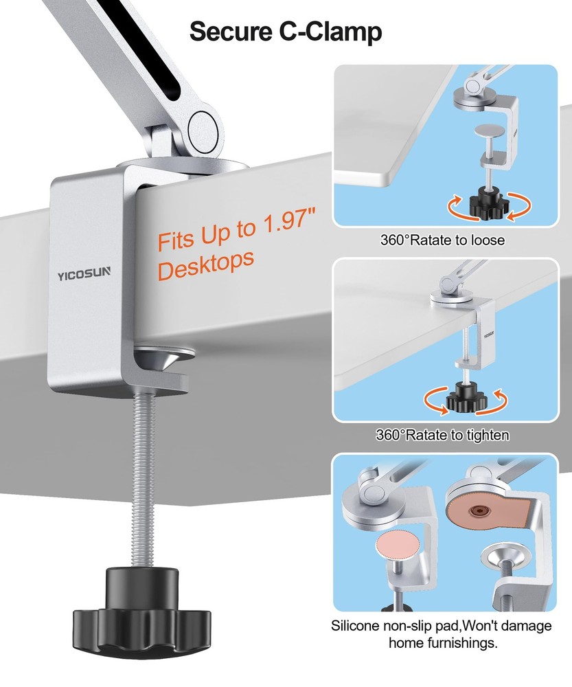 YICOSUN Tablet Arm Mount with Super Grip, Adjustable Foldable Holder & Silver