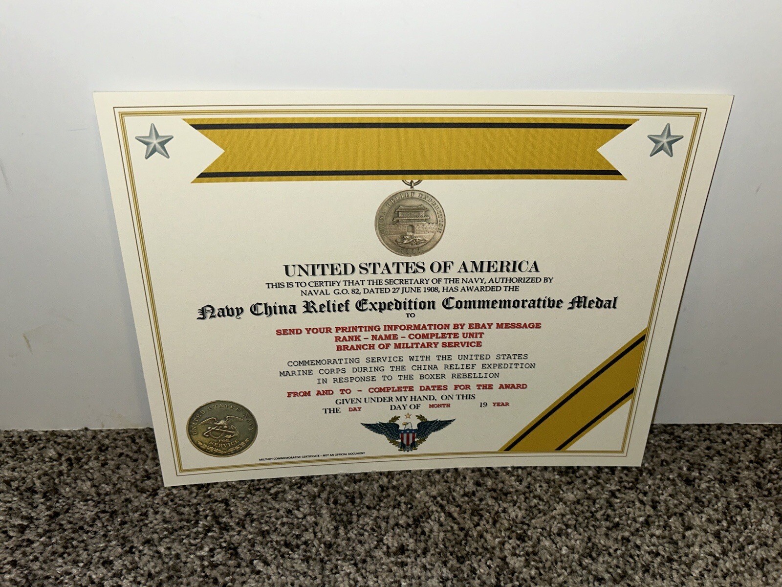 NAVY CHINA RELIEF EXPEDITION COMMEMORATIVE MEDAL CERTIFICATE ~ W/PRINTING TYPE-1