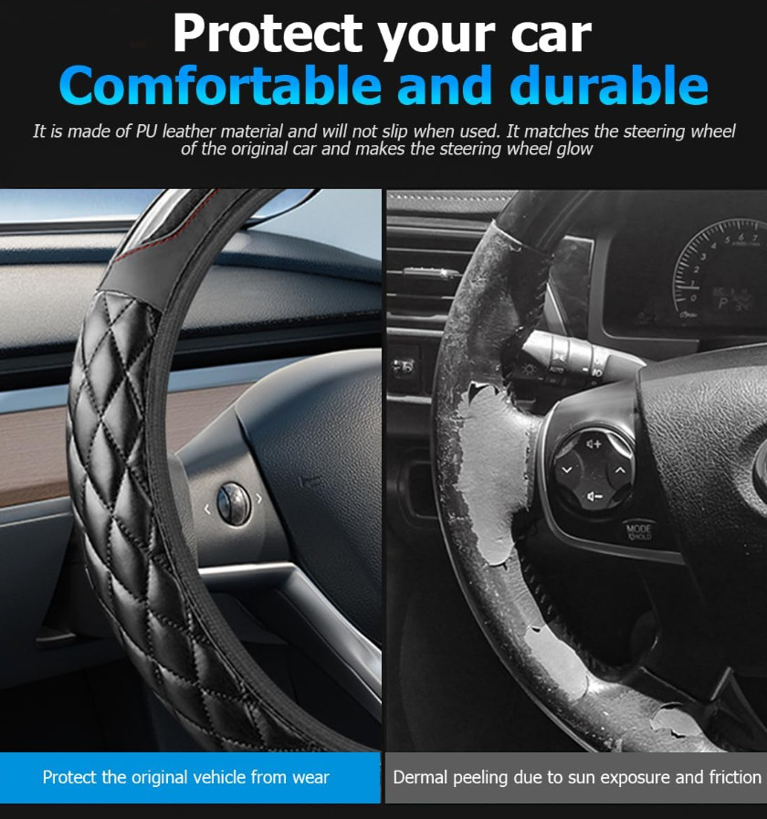 Car Steering Wheel Cover, 15 Inch Elastic Stretch Carbon Fiber Leather Anti-Slip