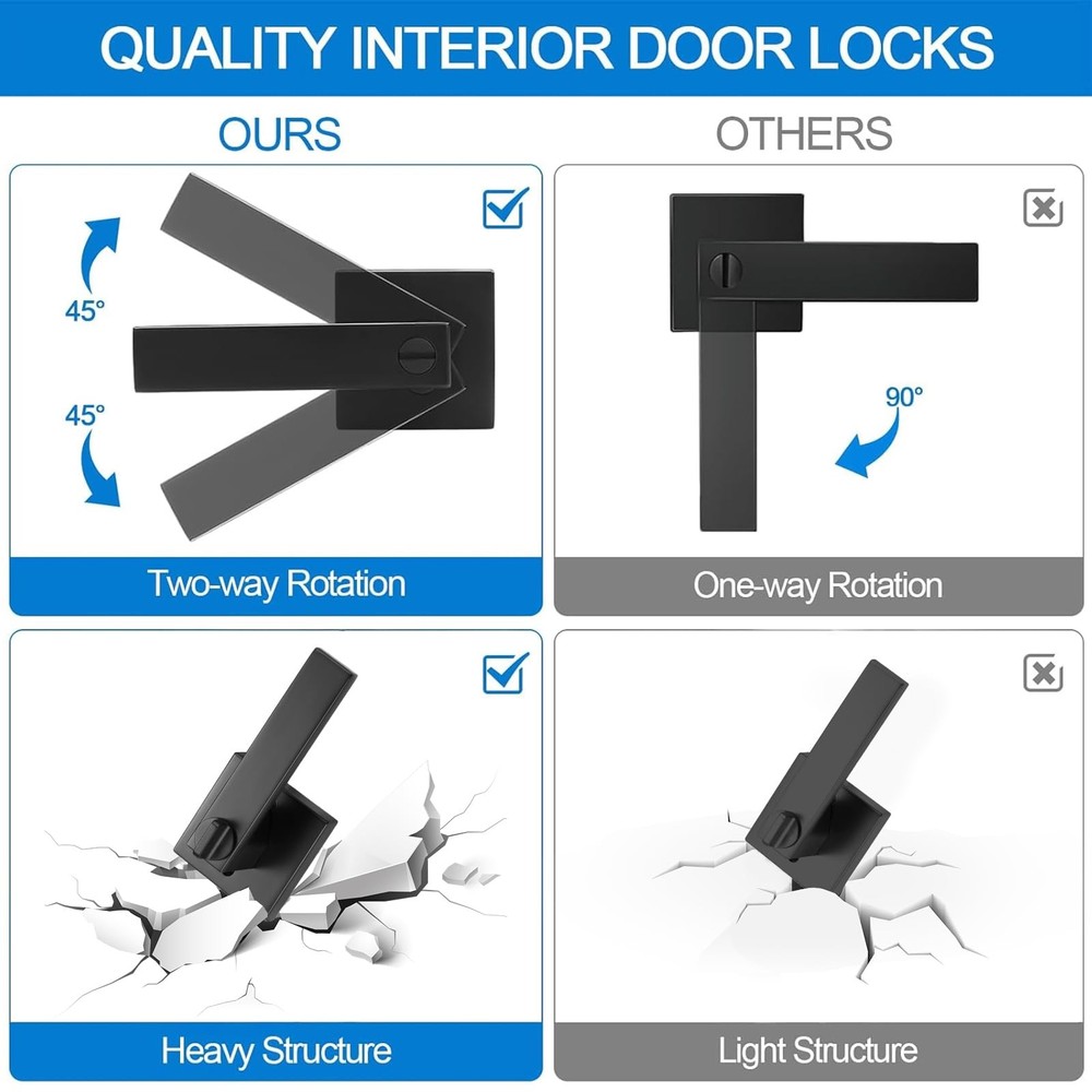 6 Pack Matte Black Privacy Door Levers Bed Bath Interior Keyless Handles