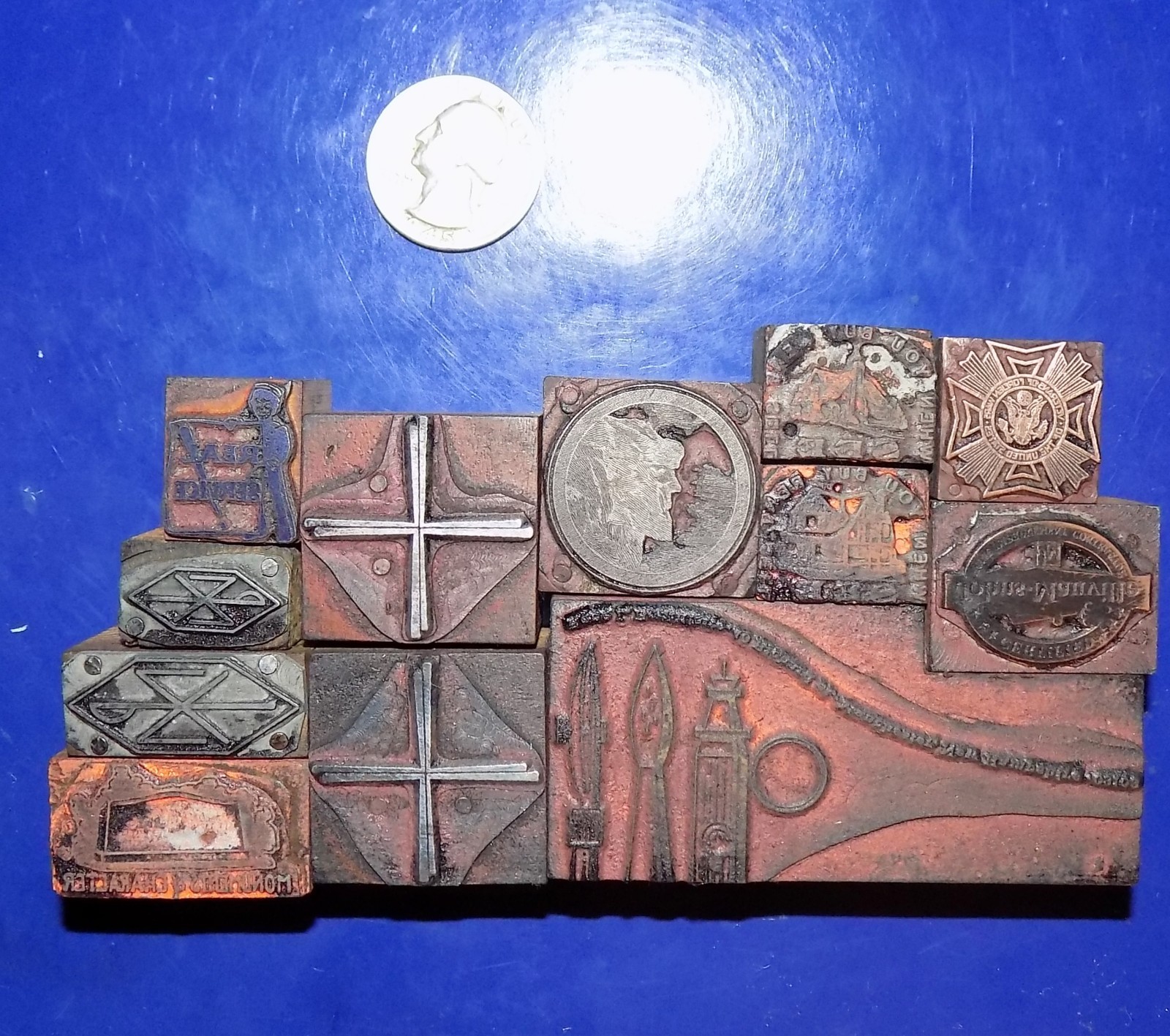 Lot of Twelve Vintage or Antique Wood & Metal Printers Blocks