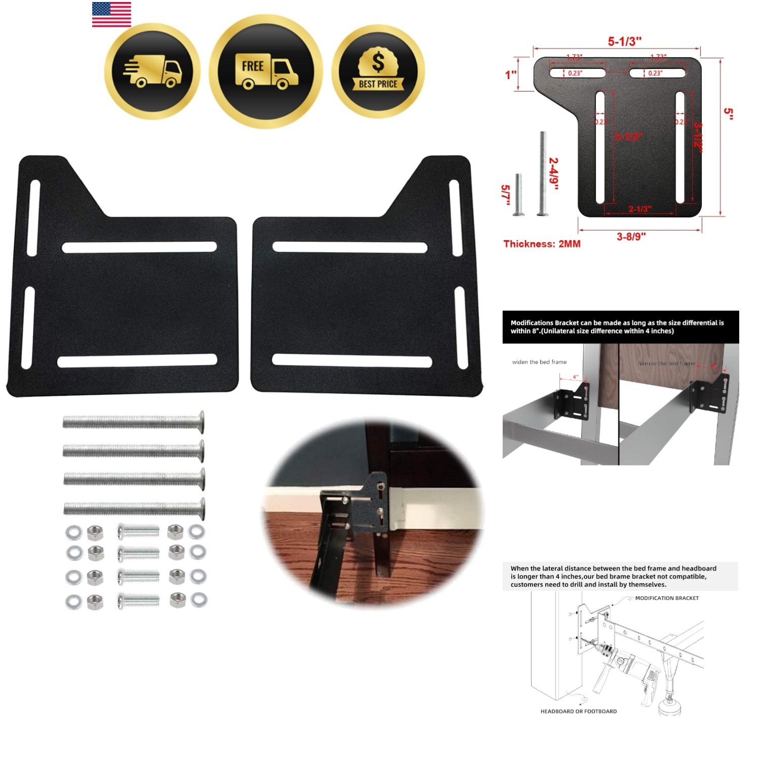 2 Pcs Bed Frame Brackets Adapter for Headboard Extra, Heavy Duty Bed Modifica...