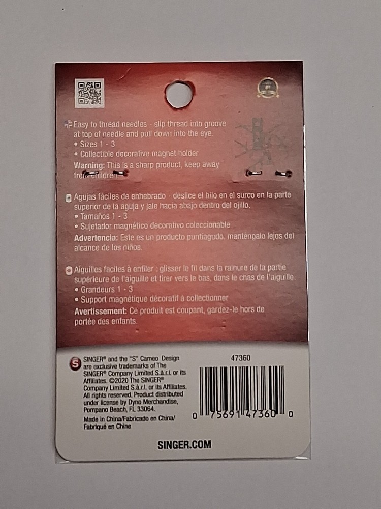 Singer 10 Self Threading needles Decorative Magnet needle Sizes 1-3