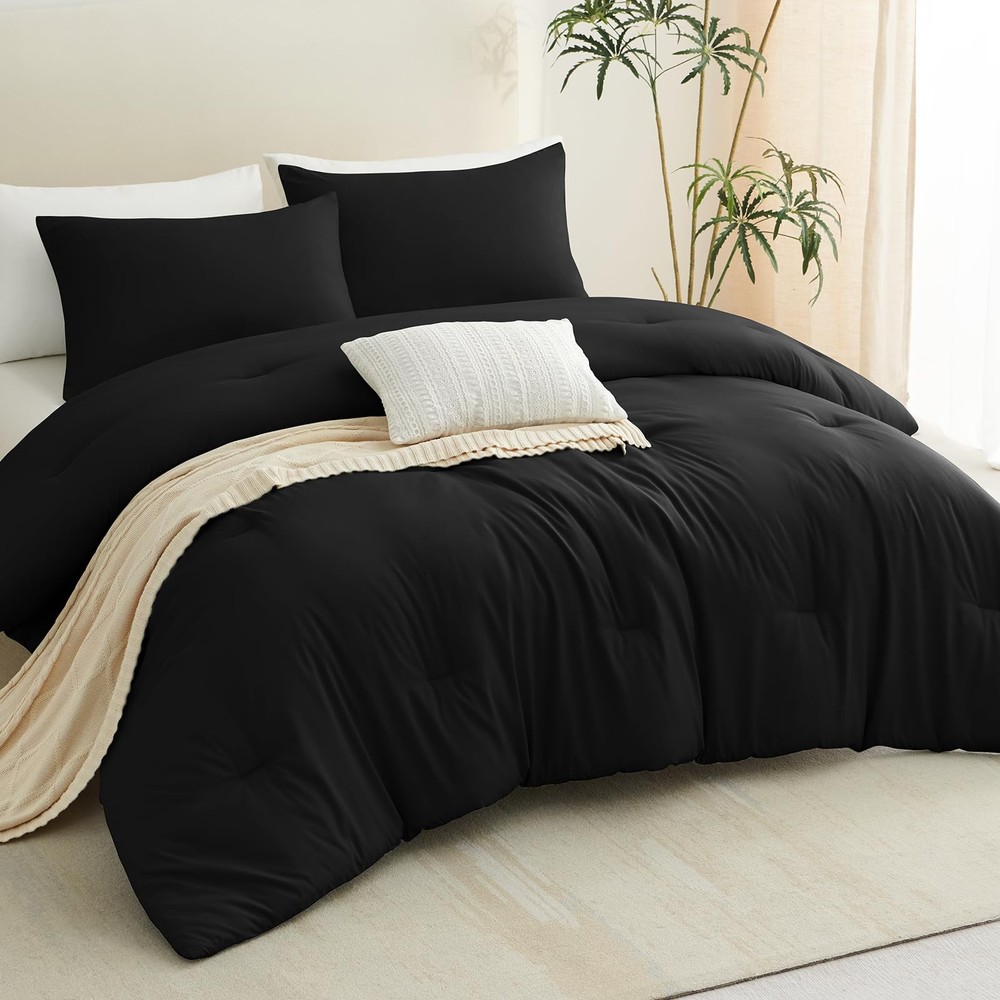 Queen Comforter Set Black, 3 Pieces Solid Queen Comforter Breathable Quilted ...