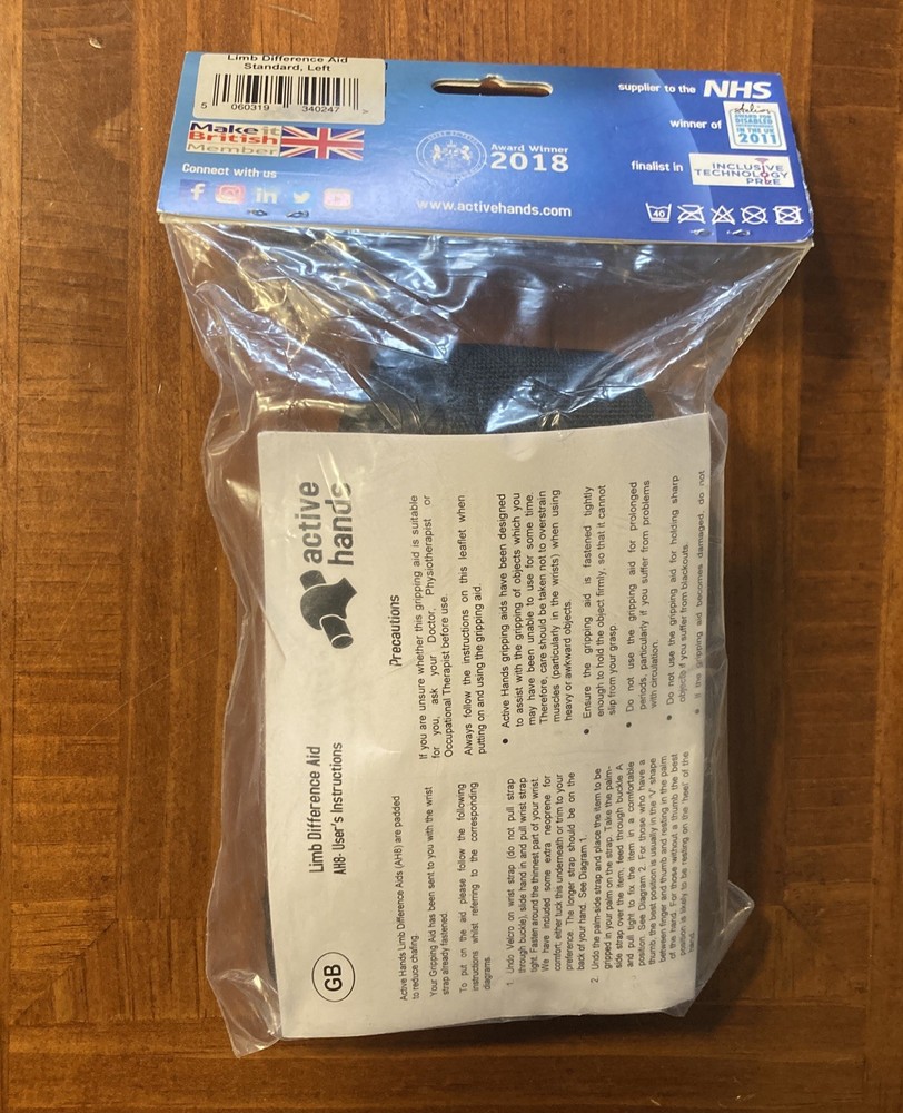 Active Hands Limb Difference Gripping Aid | Standard Size For Left Hand | Black