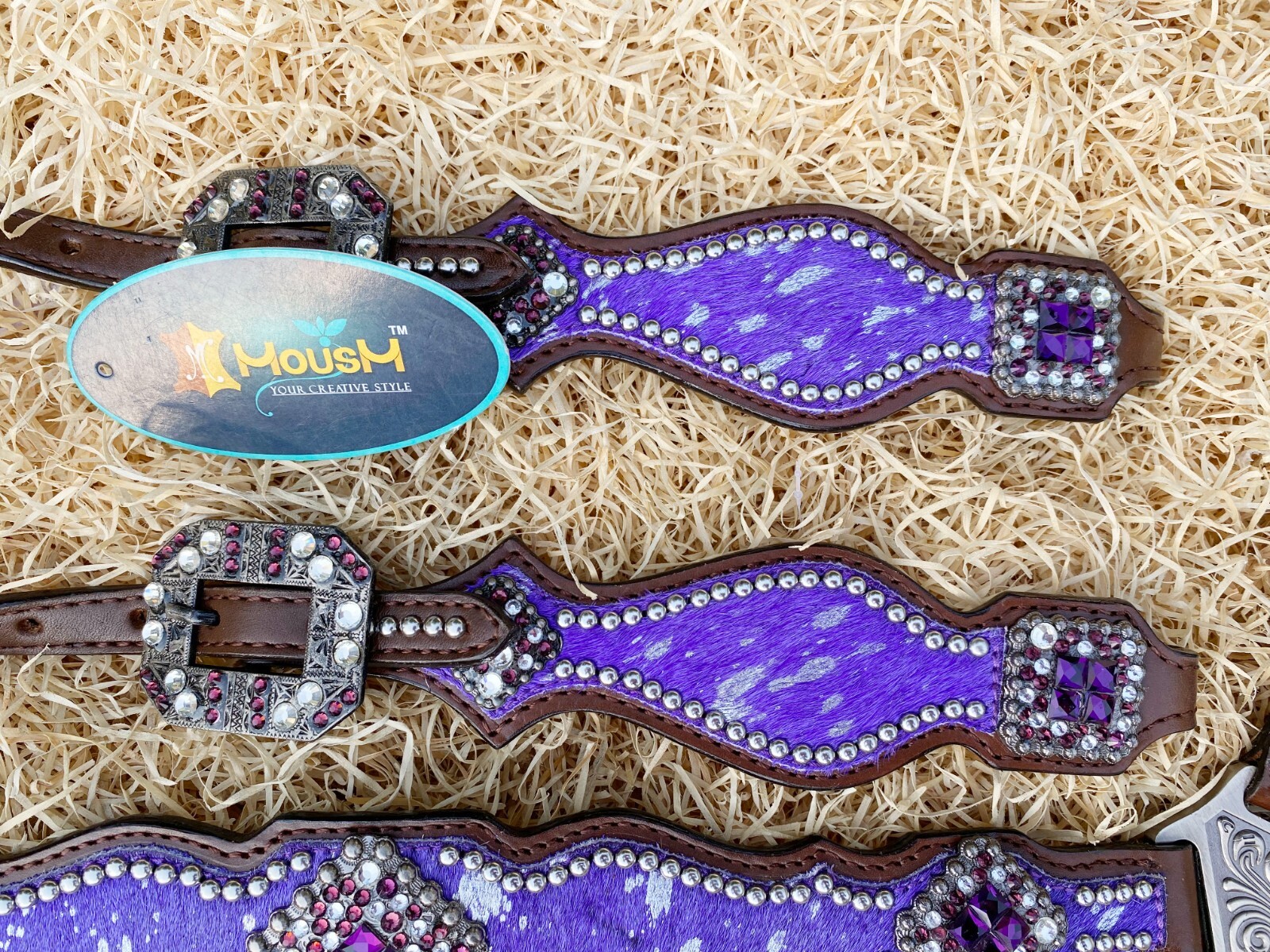 MOUSM Western Leather Headstall and Breast Collar Tack Set for Horses - Purple
