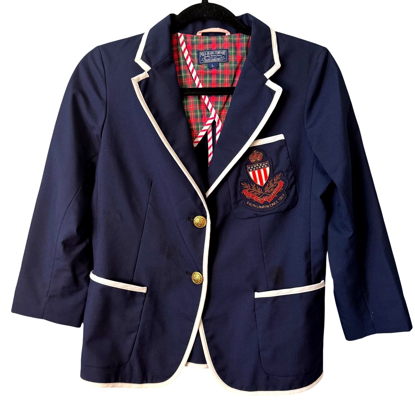 Polo Jeans Company Ralph Lauren Navy Y2K Blazer Crest Patch Plaid L Youth VTG