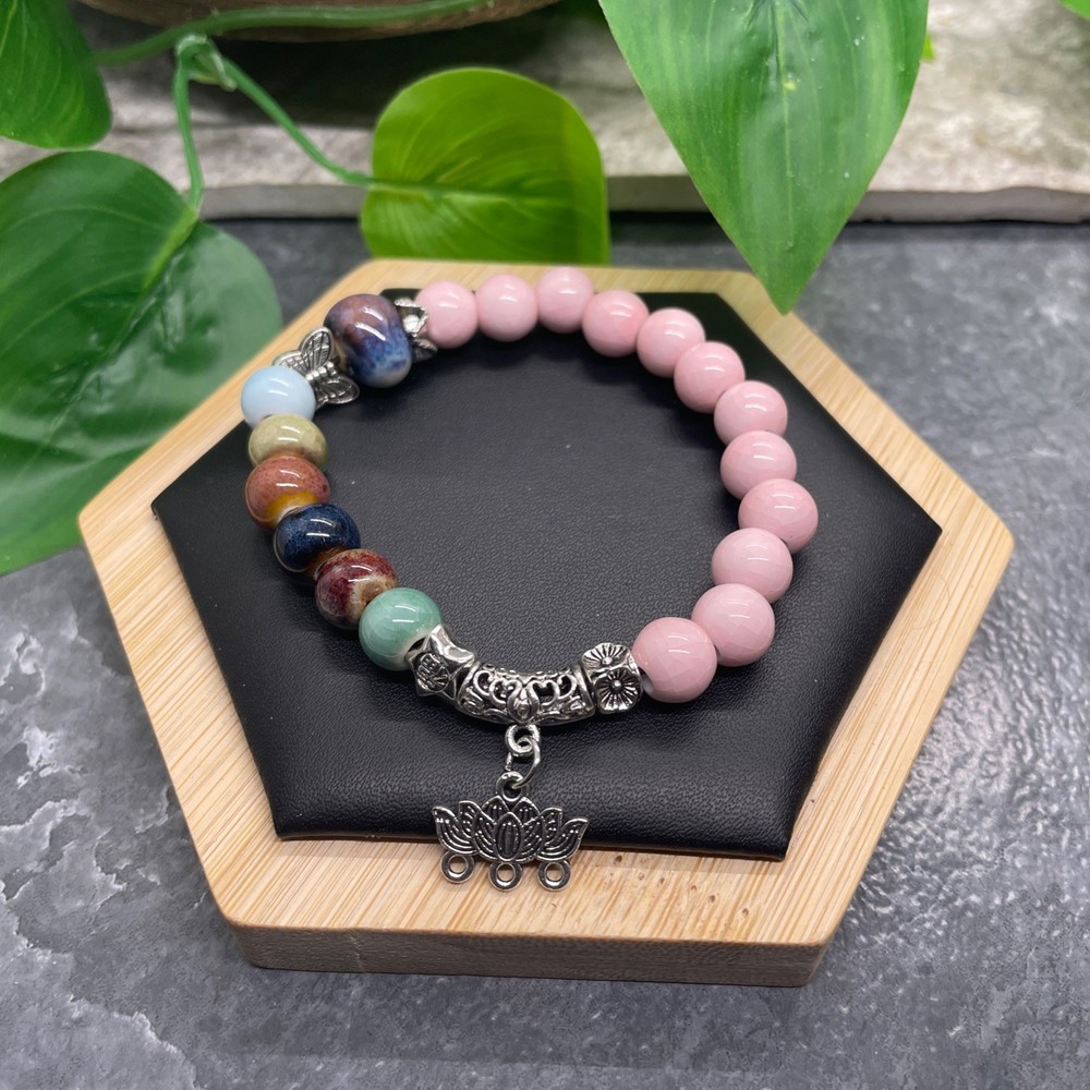 Handmade Ceramic Bead Beaded Stackable 6.5” Plus Stretch Bracelet New B521