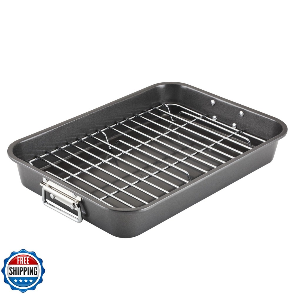 Farberware Bakeware Nonstick Steel Roaster with Flat Rack, 11-Inc