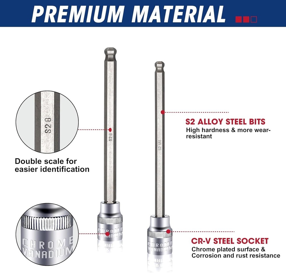 20Pc 3/8 Inch Drive Long Ball End Hex Bit Socket Set Extra Long Allen Socket Set